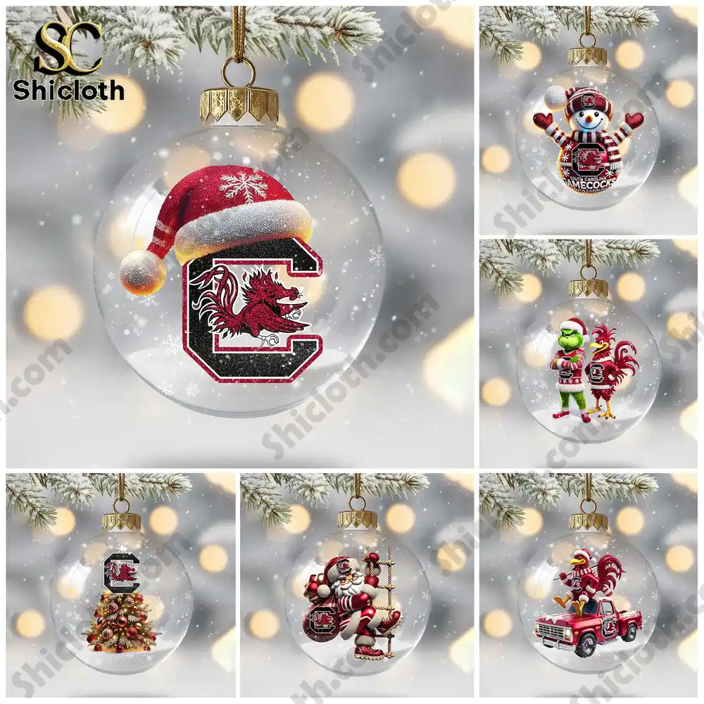 Gamecocks themed Christmas ornaments from Shicloth displayed individually on a soft winter background!