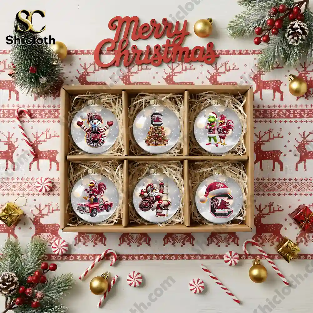 South Carolina Gamecocks Combo Sets Christmas Acrylic Ornament 3 Boxed set of six Shicloth Gamecocks Christmas ornaments displayed on festive holiday fabric!