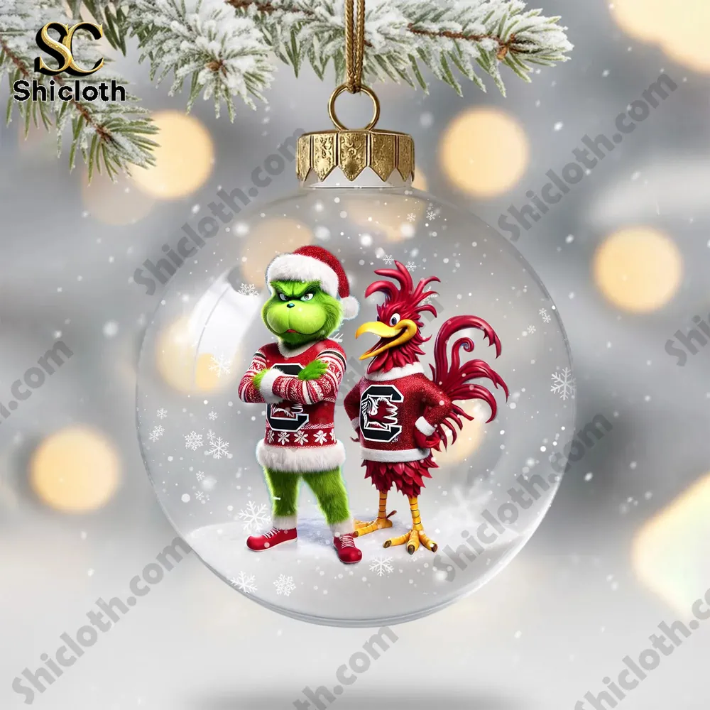 South Carolina Gamecocks Combo Sets Christmas Acrylic Ornament 4 Grinch and Gamecocks mascot inside a clear Christmas ornament from Shicloth!