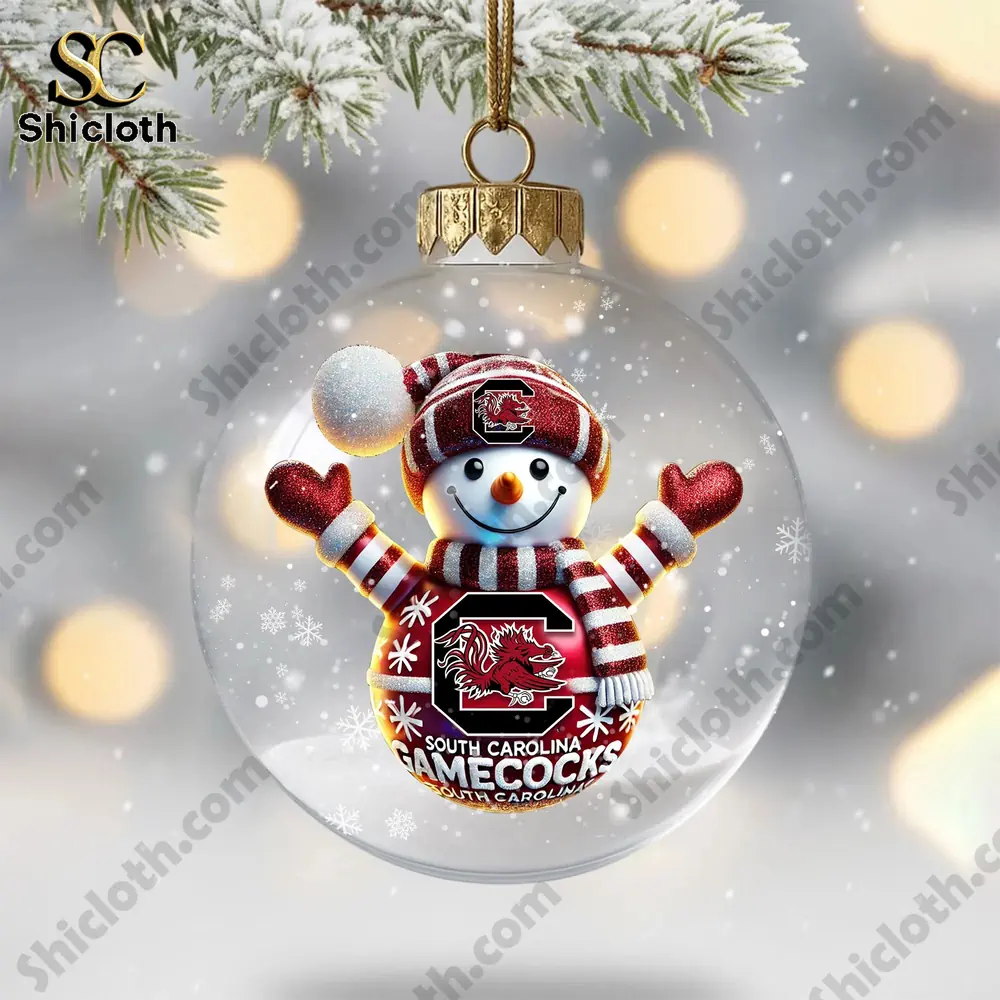 South Carolina Gamecocks Combo Sets Christmas Acrylic Ornament 5 Snowman wearing Gamecocks themed outfit inside a Shicloth Christmas ornament!