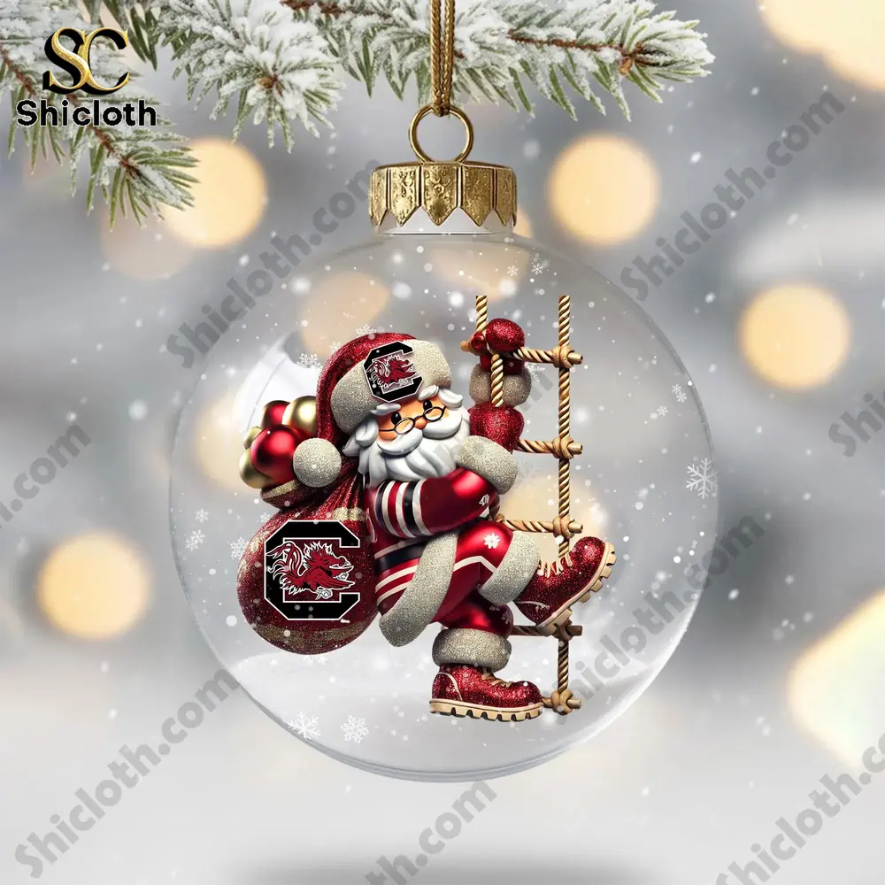 South Carolina Gamecocks Combo Sets Christmas Acrylic Ornament 7 Santa climbing a rope with Gamecocks themed outfit inside a Shicloth ornament!