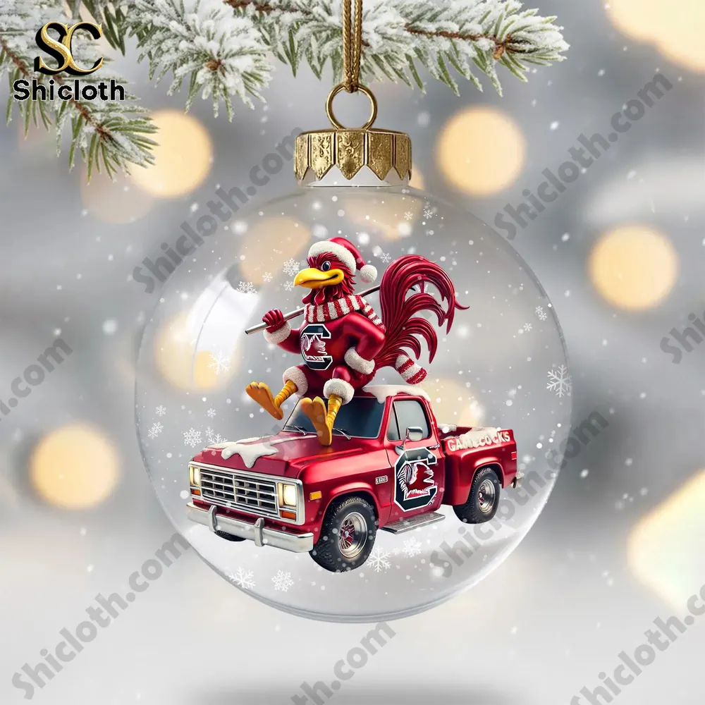 South Carolina Gamecocks Combo Sets Christmas Acrylic Ornament 8 Gamecocks mascot riding a red truck inside a Shicloth Christmas ornament!