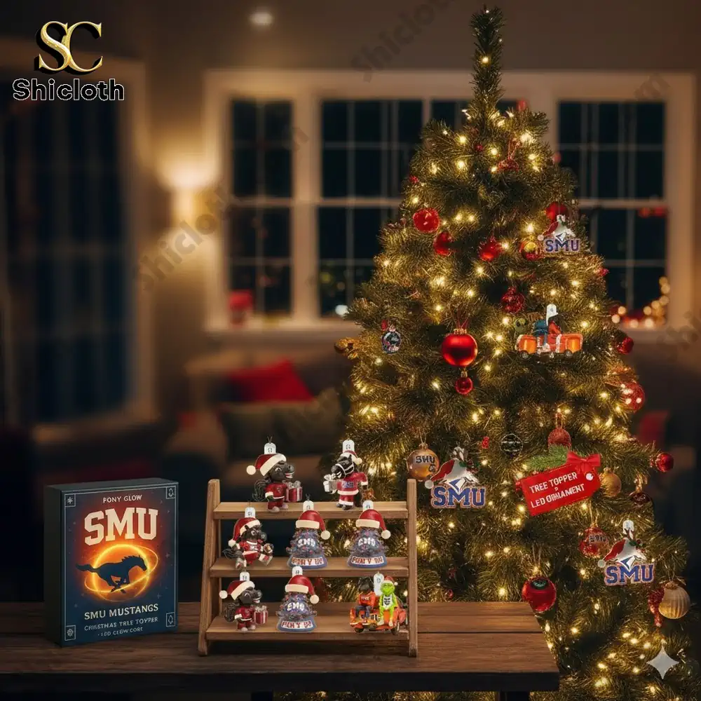 SMU mascot in Santa outfit beside product box and Christmas tree!