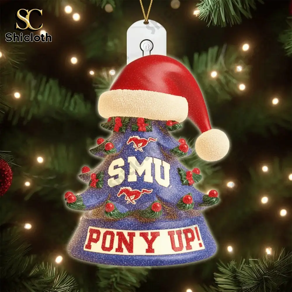 SMU mascot holding Pony Up sign ornament!