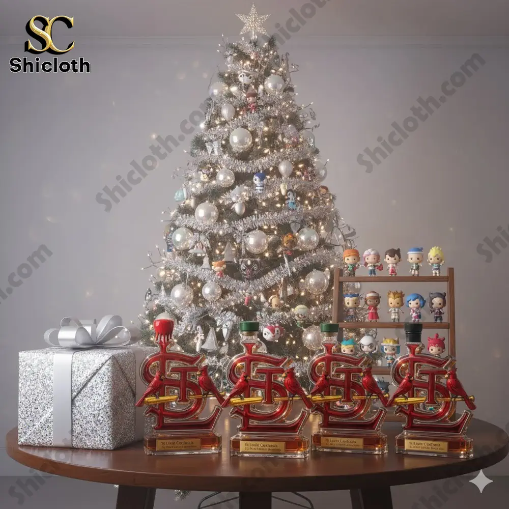 A Christmas tree decorated with lights and ornaments, accompanied by St. Louis Cardinals collectible bottles and a gift box.