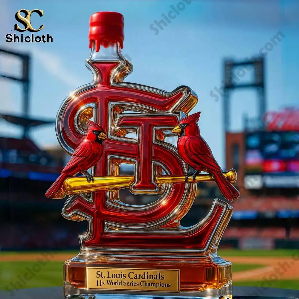 A St. Louis Cardinals bottle trophy with cardinals on a bat, set against a stadium background.