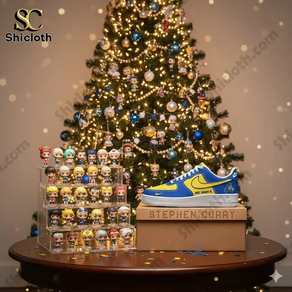 A pair of themed sneakers placed on a table near a decorated Christmas tree with many small collectible figures!