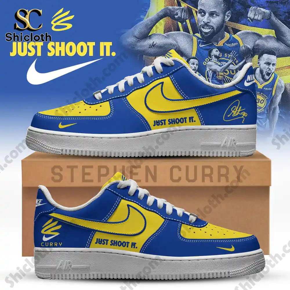 A close up view of blue and yellow themed sneakers displayed on a box with illustrated graphics in the background!