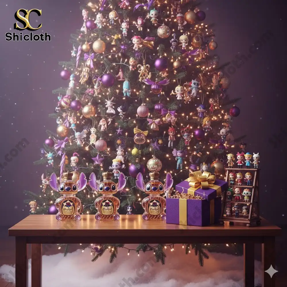 A Stitch Crown Royal whiskey bottle under a Christmas tree with decorations.