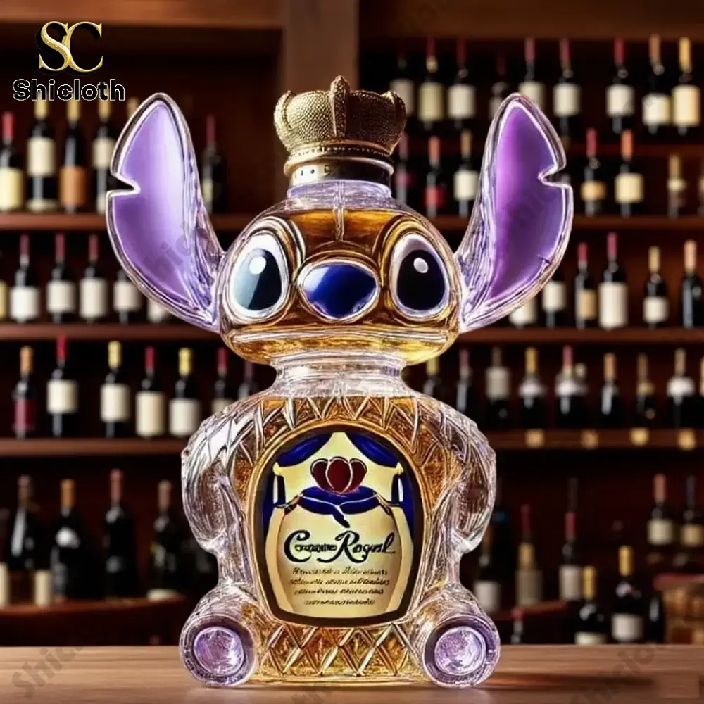 A Stitch Crown Royal whiskey bottle displayed in a liquor store with bottles in the background.