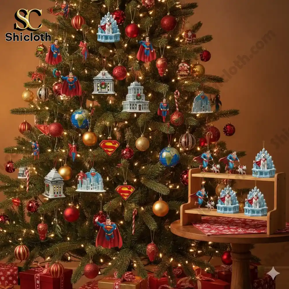 Christmas tree decorated with multiple Superman themed ornaments including figures buildings and symbols!