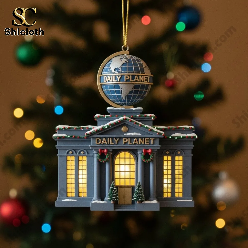 Superhero Superman Christmas Acrylic Ornaments Set Holiday Decoration Gift Box 2025 3 Daily Planet building ornament lit with holiday decorations!