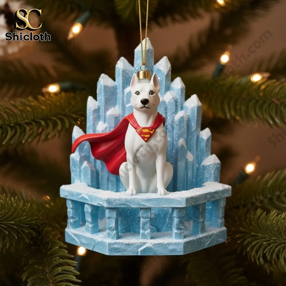 Superhero Superman Christmas Acrylic Ornaments Set Holiday Decoration Gift Box 2025 5 Krypto the dog ornament sitting on an ice crystal throne!