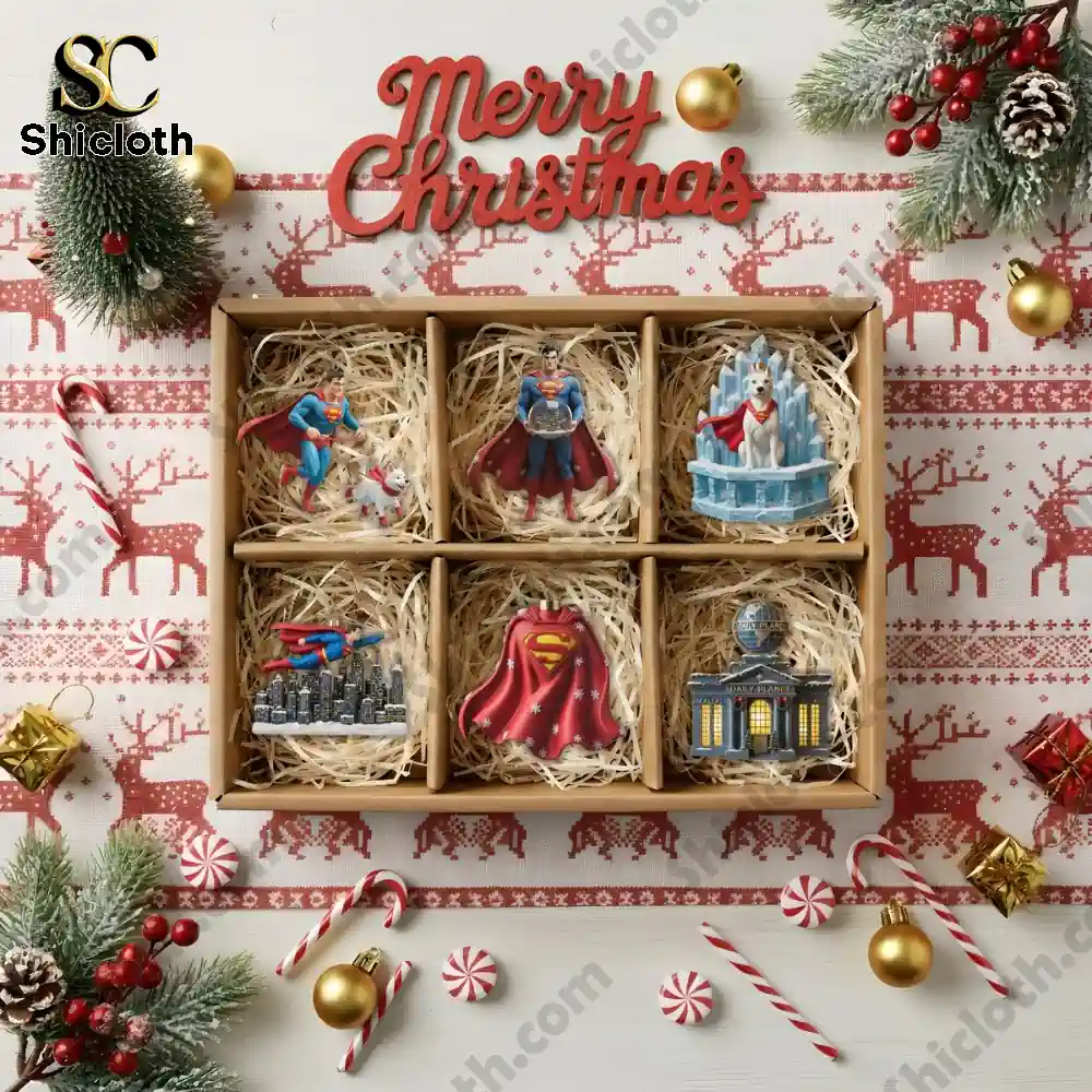 Superhero Superman Christmas Acrylic Ornaments Set Holiday Decoration Gift Box 2025 8 Box set of six Superman themed Christmas ornaments arranged in straw!