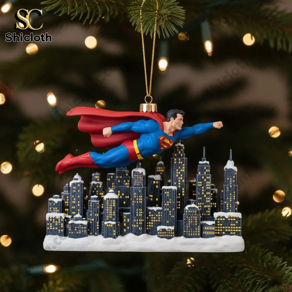 Superhero Superman Christmas Acrylic Ornaments Set Holiday Decoration Gift Box 2025 9 Superman ornament flying above a snowy city skyline!