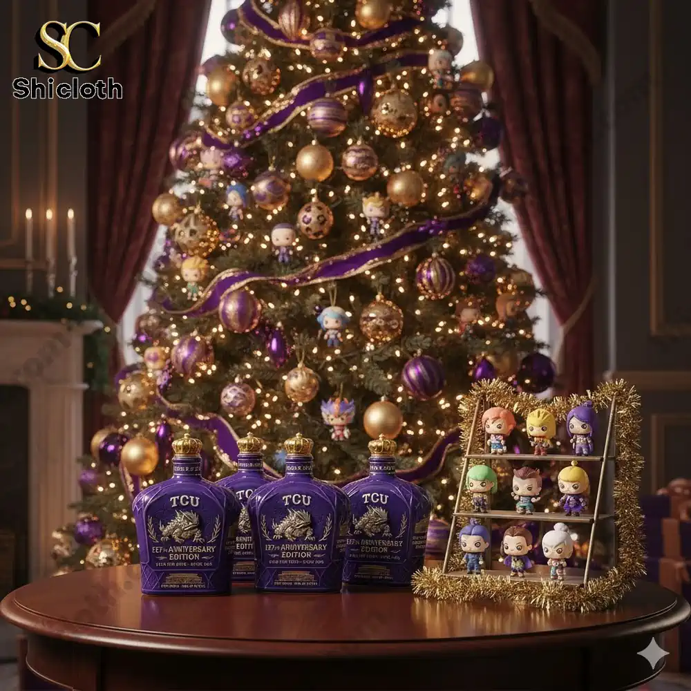A beautifully decorated Christmas tree with TCU 127th Anniversary Crown Royal whiskey bottles and character figurines.
