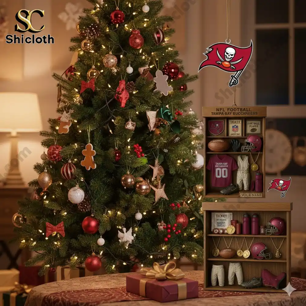 Miniature Tampa Bay Buccaneers themed ornament hanging on a Christmas tree with football gear details!
