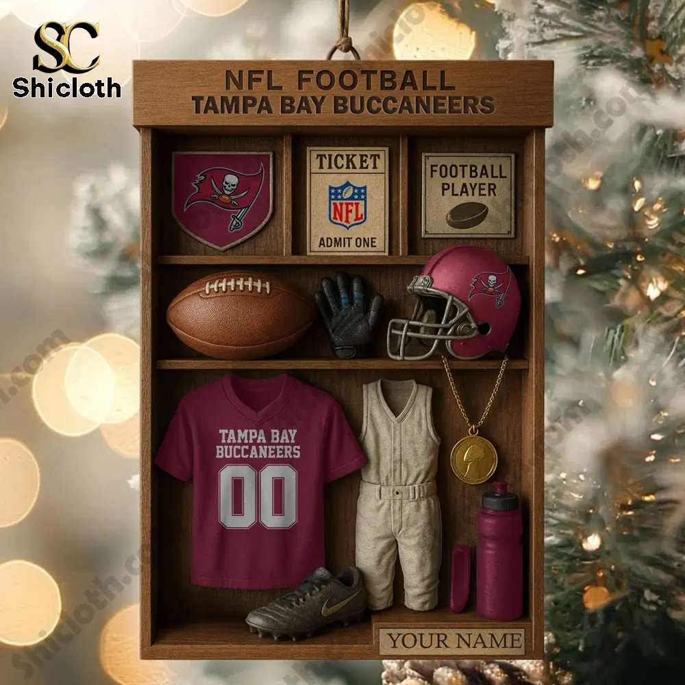 Tampa Bay Buccaneers NFL Football Locker Customizable Hanging Ornament 3 Tampa Bay Buccaneers themed wooden ornament with football gear hanging in a holiday background!