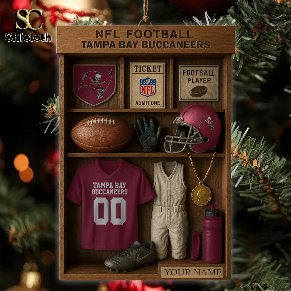 Tampa Bay Buccaneers NFL Football Locker Customizable Hanging Ornament 4 Detailed Buccaneers ornament with mini football equipment hanging against a Christmas tree backdrop!