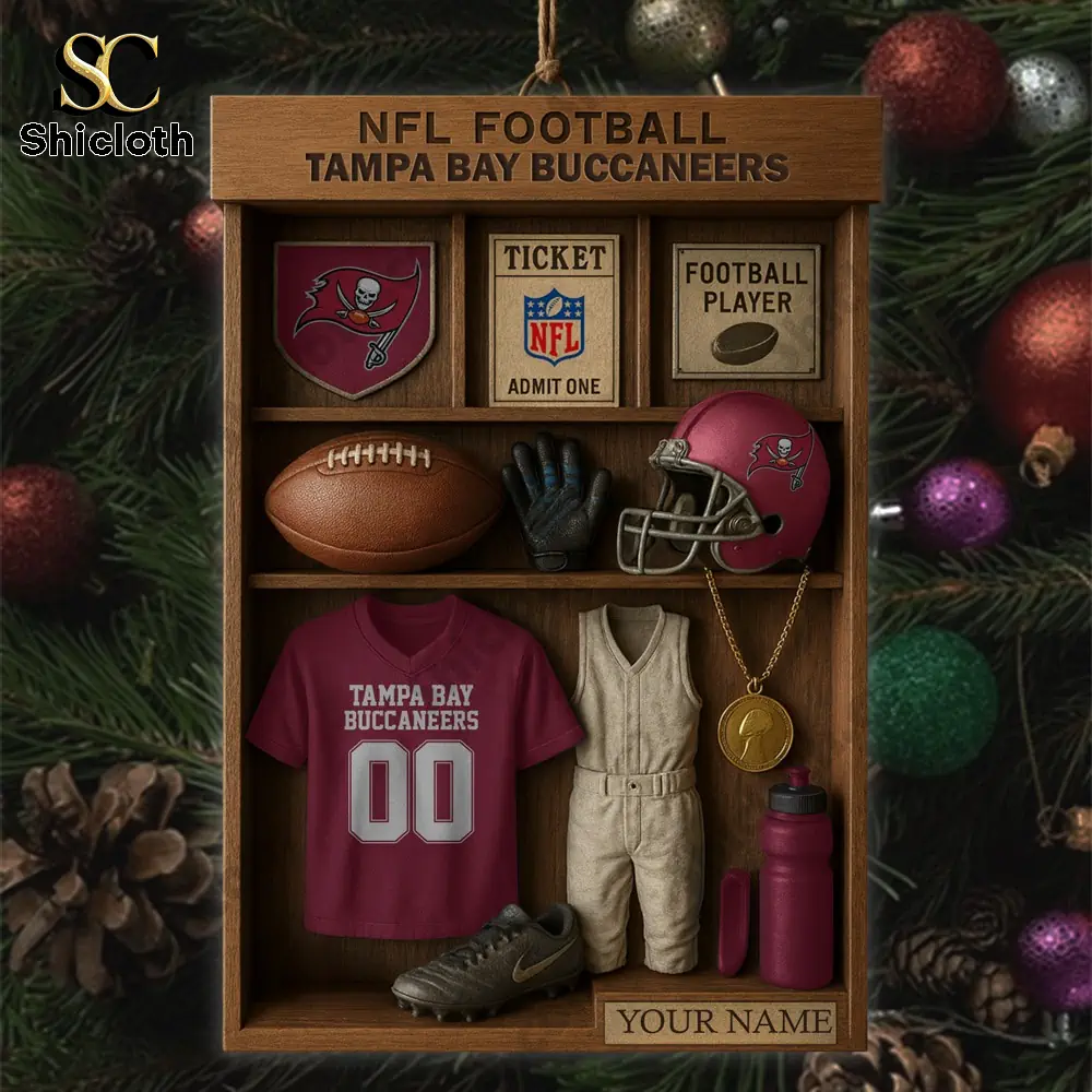 Tampa Bay Buccaneers NFL Football Locker Customizable Hanging Ornament 5 Tampa Bay Buccaneers wooden shadow box ornament filled with mini football gear!