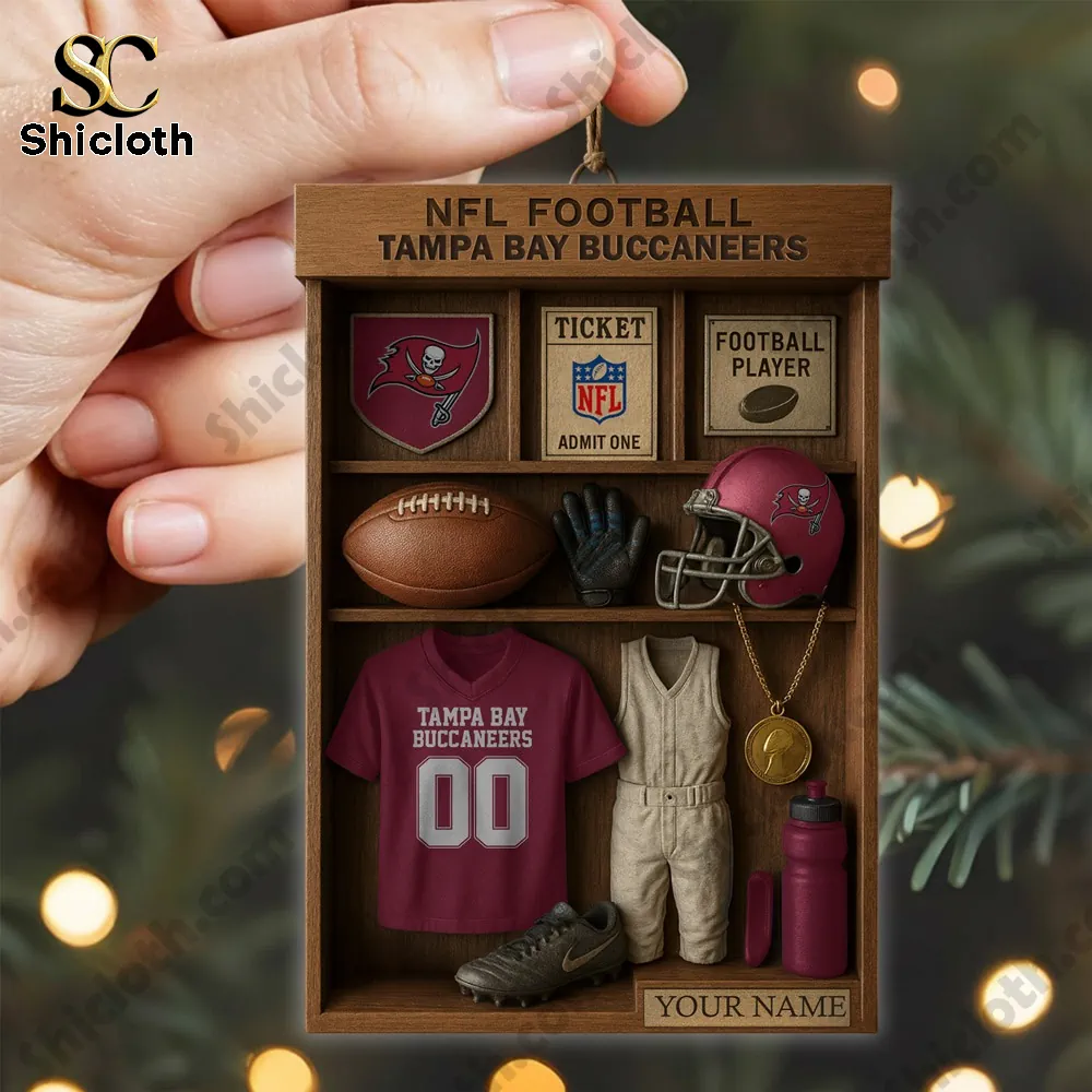 Tampa Bay Buccaneers NFL Football Locker Customizable Hanging Ornament 6 Hand holding a Tampa Bay Buccaneers themed ornament filled with miniature football items!
