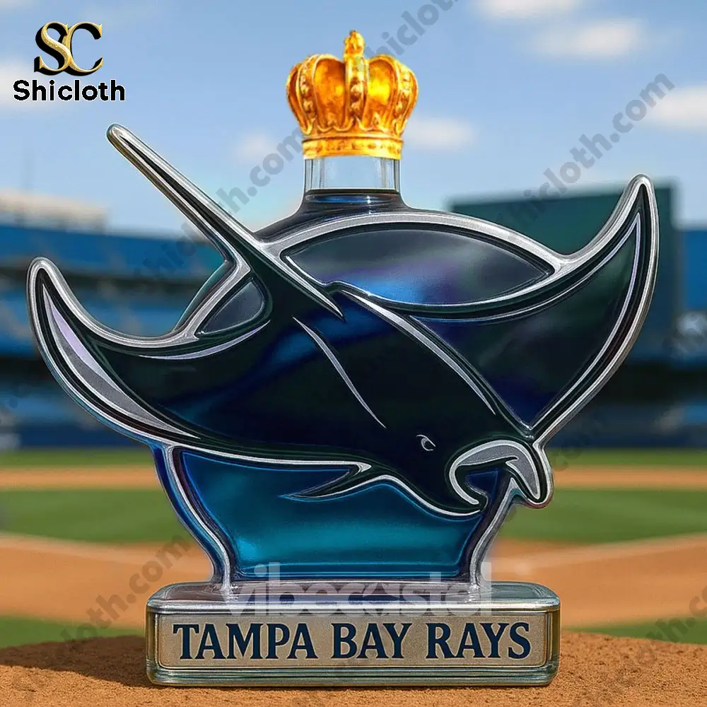 Tampa Bay Rays bottle with a crown cap displayed on a baseball field.