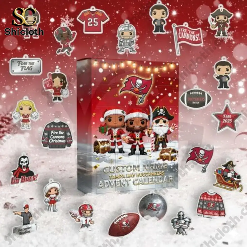 Tampa Bay Buccaneers Personalized Christmas Advent Calendar 3 A collection of Tampa Bay Buccaneers themed mini figures and ornaments around a 2025 Advent Calendar box on a snowy background!