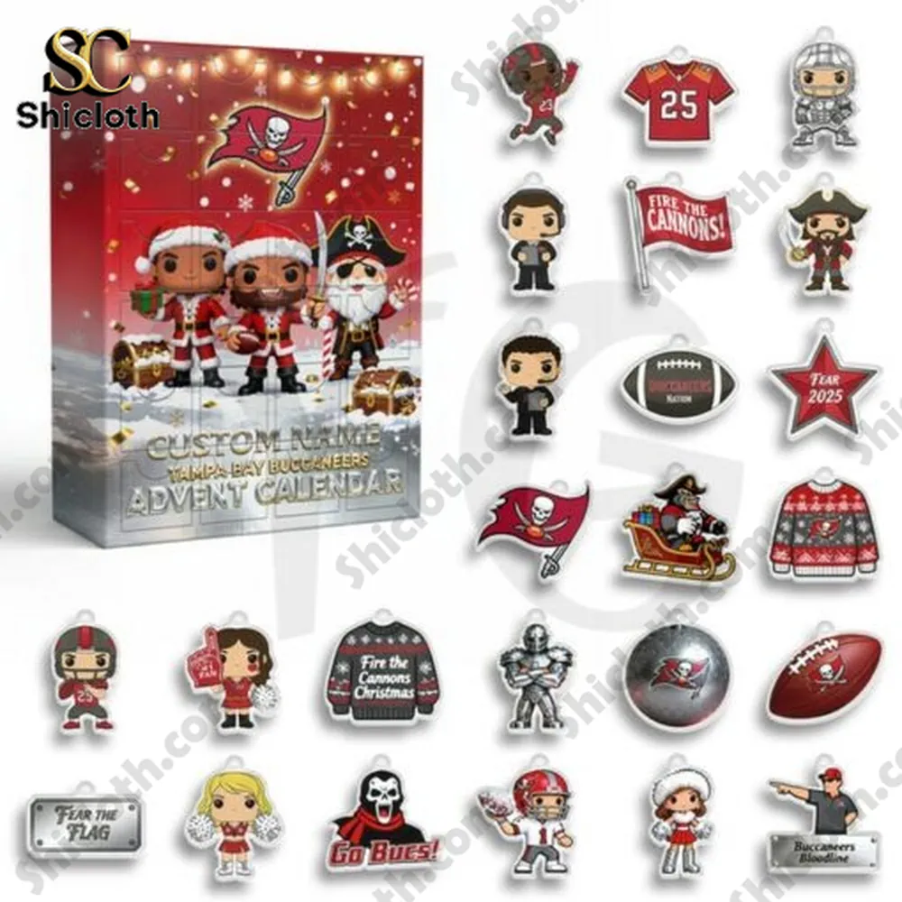 Tampa Bay Buccaneers Personalized Christmas Advent Calendar 4 A close up of the Tampa Bay Buccaneers Advent Calendar 2025 with small themed ornaments and mini figures arranged neatly around the box!