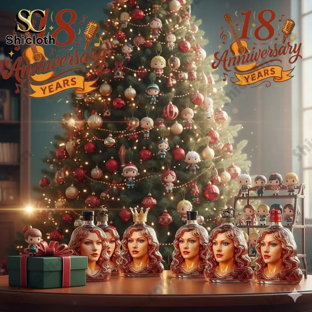 A Christmas tree adorned with small character figures and surrounded by bottles with a crown-shaped cap, resembling a female character's head. The bottles are placed on a table with a gift box.