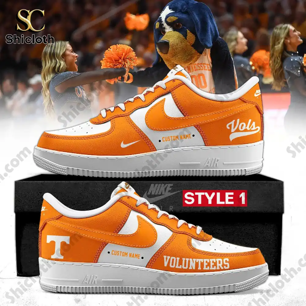 Orange and white Tennessee themed custom sneakers shown in front of a sports crowd!
