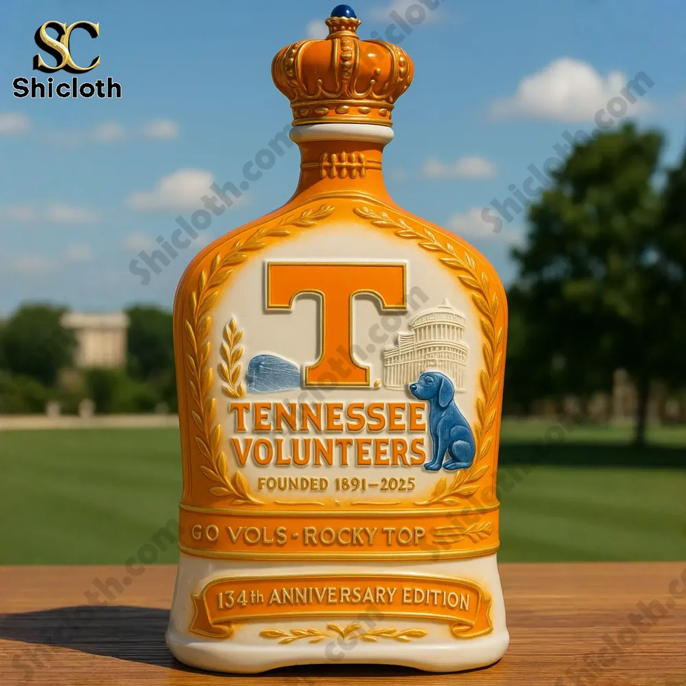 Tennessee Volunteers anniversary bottle with a horse rider topper displayed outdoors on a sunny field!