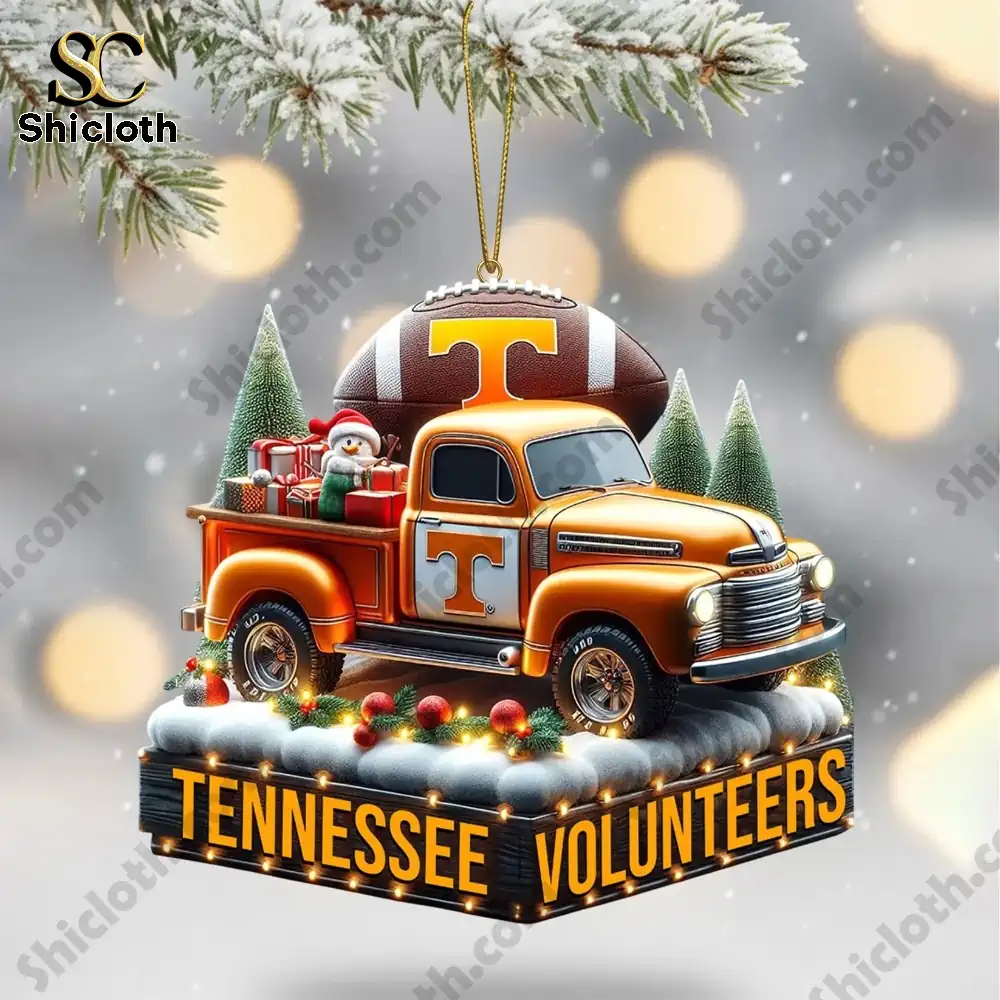 Tennessee Volunteers 2025 Christmas Tree Topper And Ornament Set 4 A vintage orange truck ornament with Tennessee Volunteers details carrying gifts and a holiday scene.