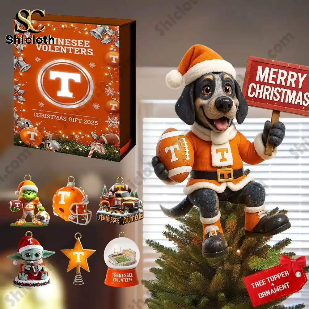 Tennessee Volunteers 2025 Christmas Tree Topper And Ornament Set 8 A collection of Tennessee Volunteers ornaments displayed with a branded gift box.