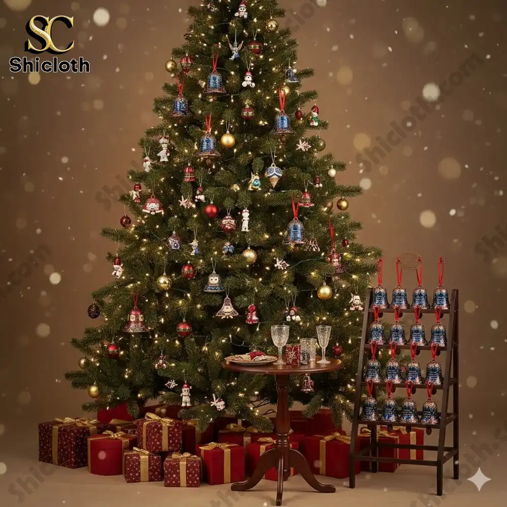 A decorated Christmas tree with Tennessee Titans 26th anniversary bell ornaments and wrapped presents underneath!