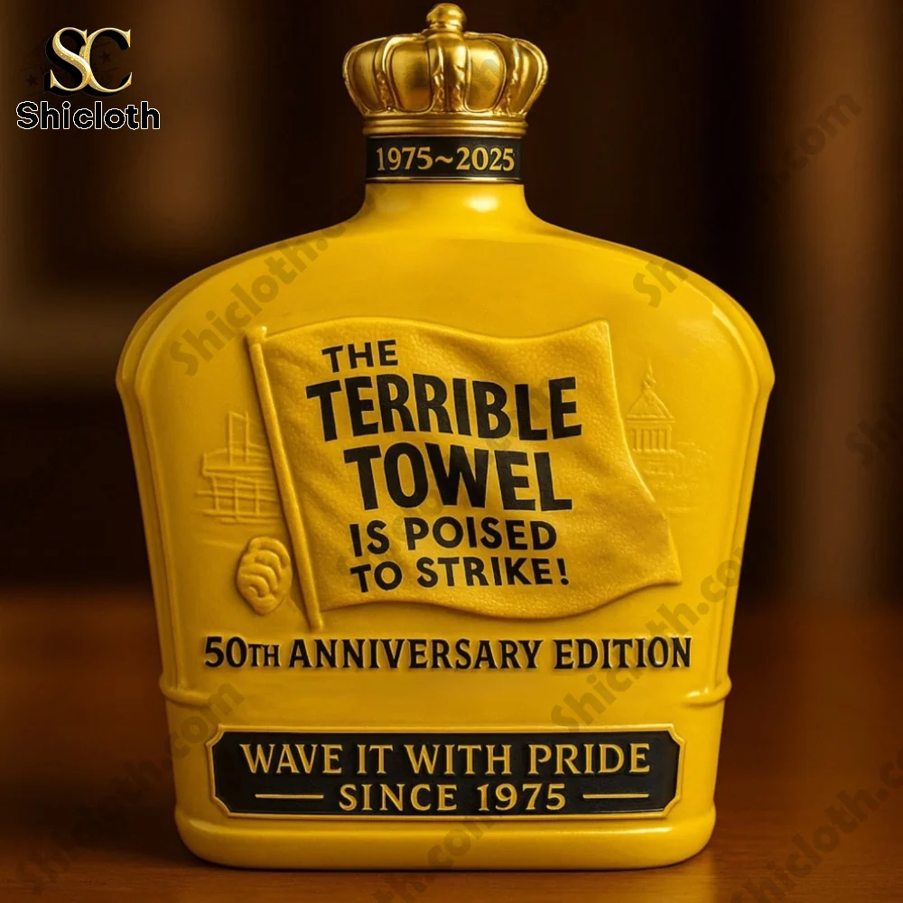 Close-up of the Terrible Towel 50th Anniversary Edition whiskey bottle featuring a yellow towel design and a crown cap.