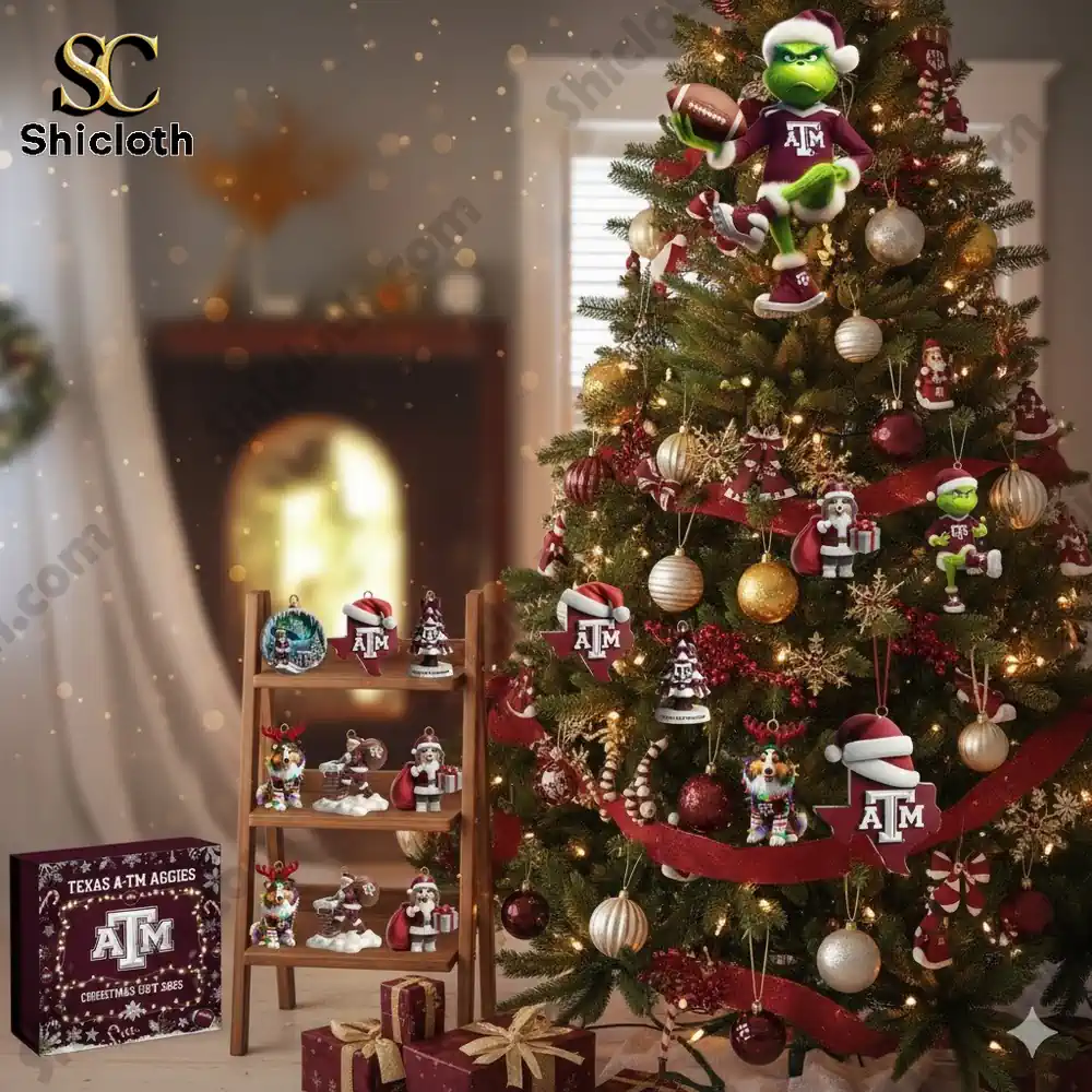 Christmas tree decorated with Texas AM Aggies themed ornaments and a character topper.