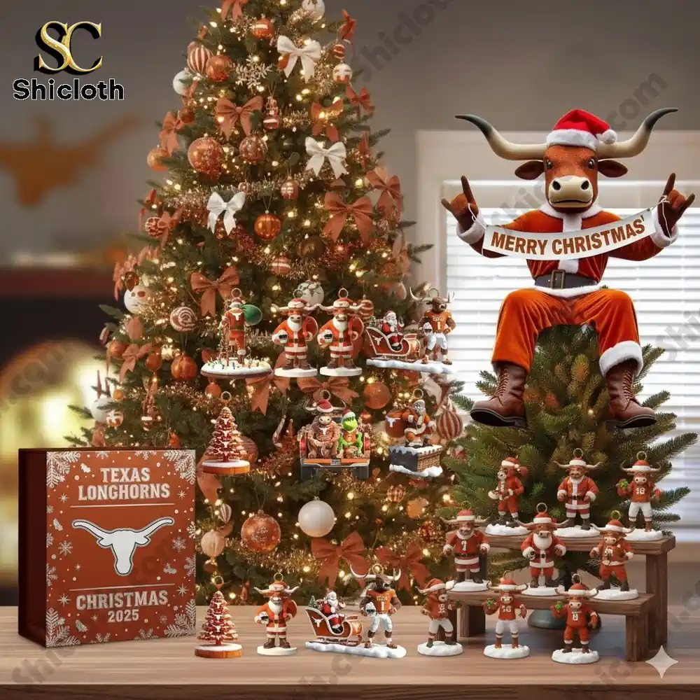 Animated longhorn mascot dressed in holiday outfit sits atop a decorated tree surrounded by themed ornaments!