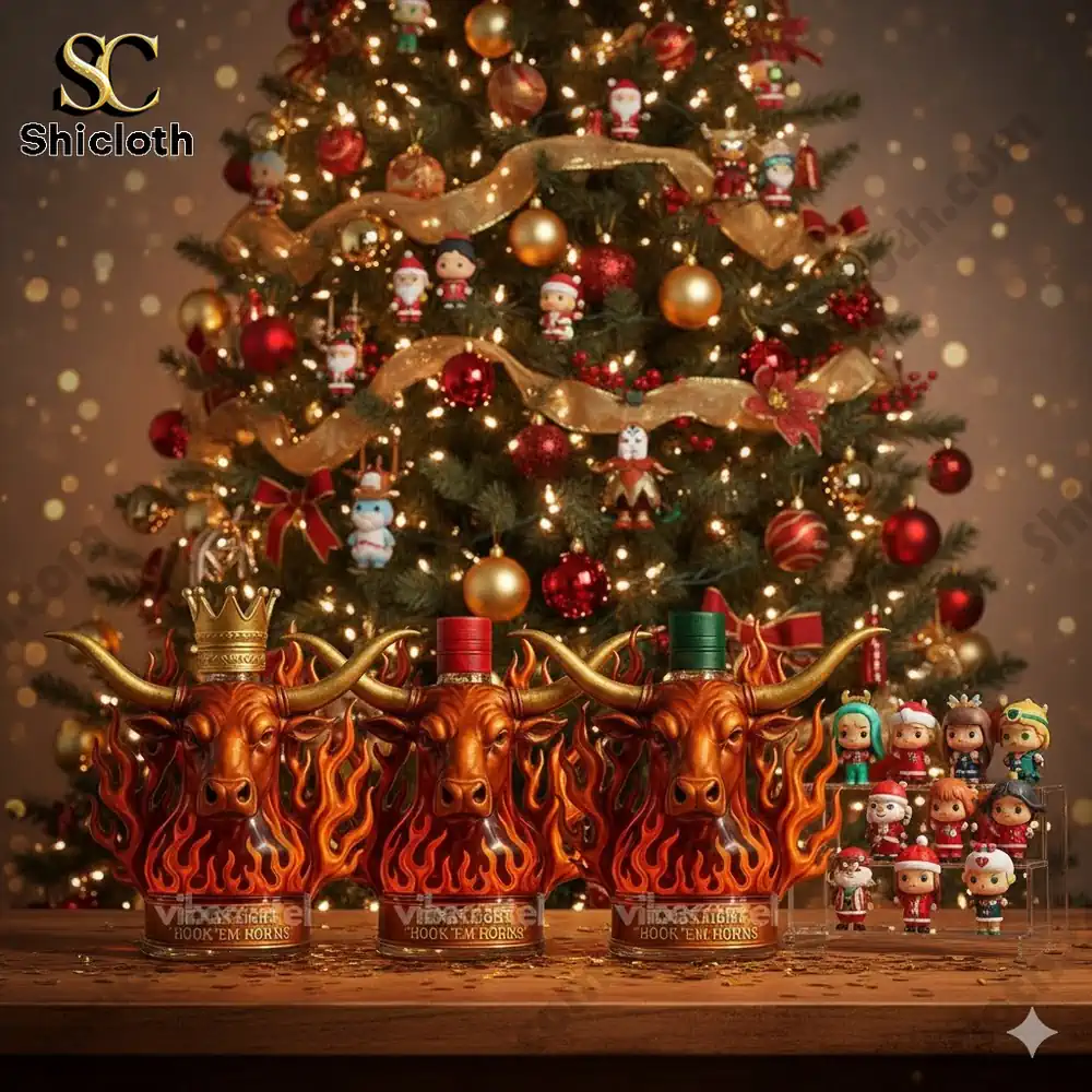 Holiday display with three fiery Texas Longhorns bottles and small collectible figures in front of a decorated Christmas tree!