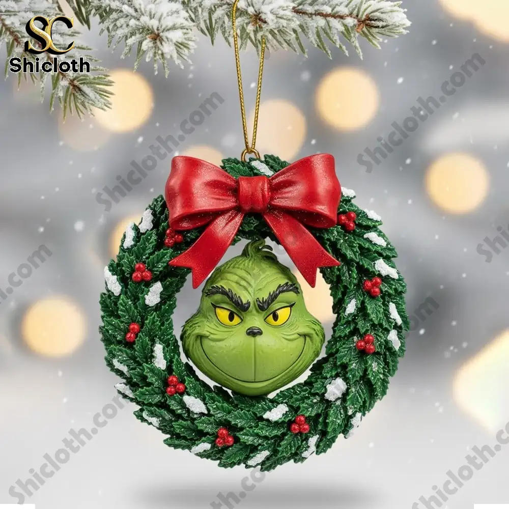 Green character face in a wreath ornament with red bow!