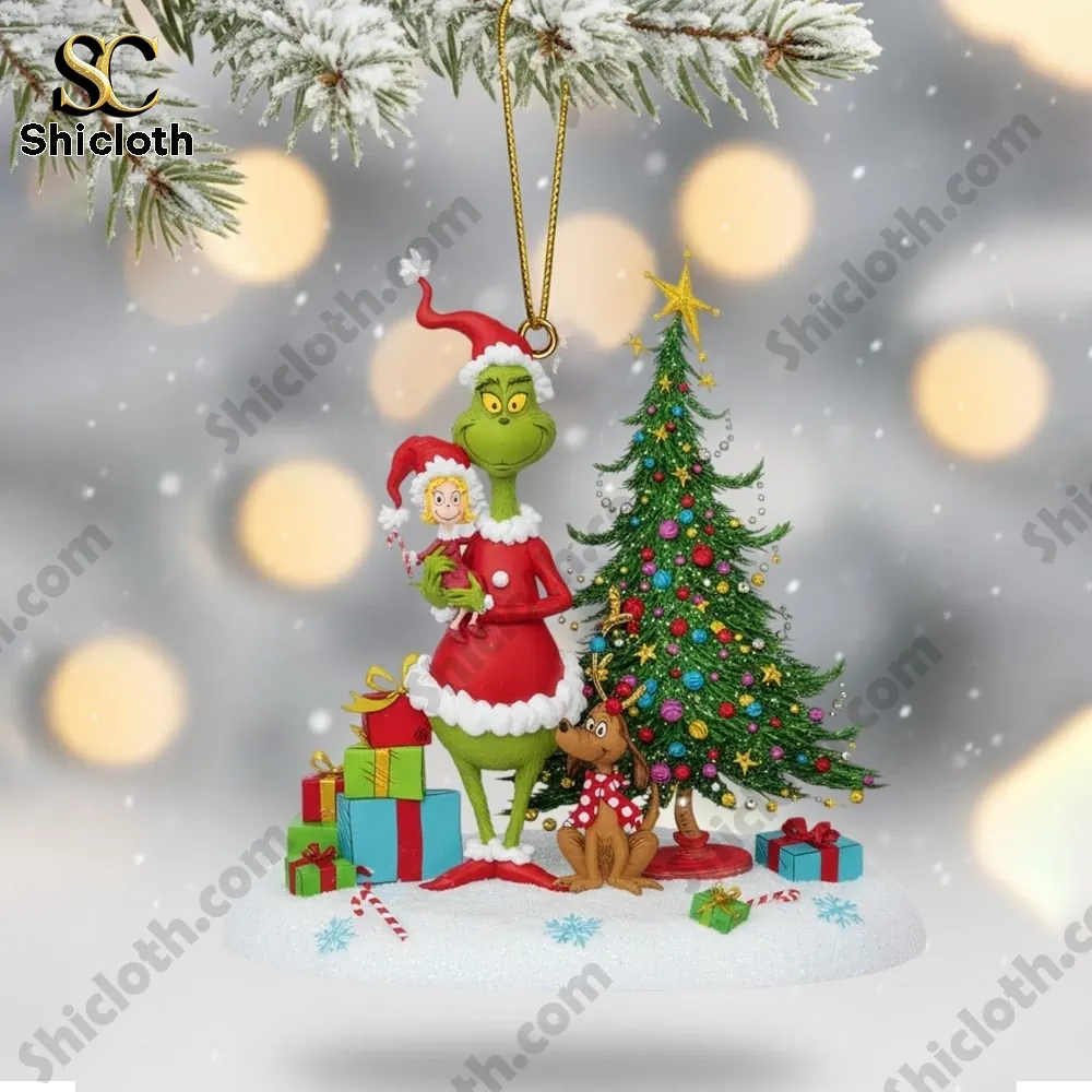 The Grinch Christmas 2025 Snowball Led Light And Ornament Set 3 Green character in holiday outfit with small child figure tree and gifts!