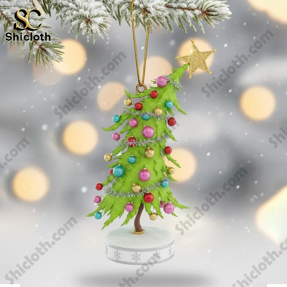 The Grinch Christmas 2025 Snowball Led Light And Ornament Set 4 Curved green Christmas tree ornament with colorful baubles!