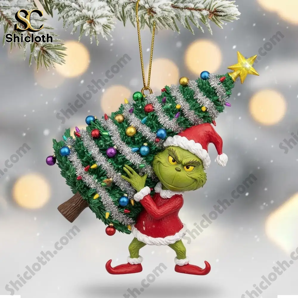 The Grinch Christmas 2025 Snowball Led Light And Ornament Set 5 Green character carrying decorated Christmas tree ornament!