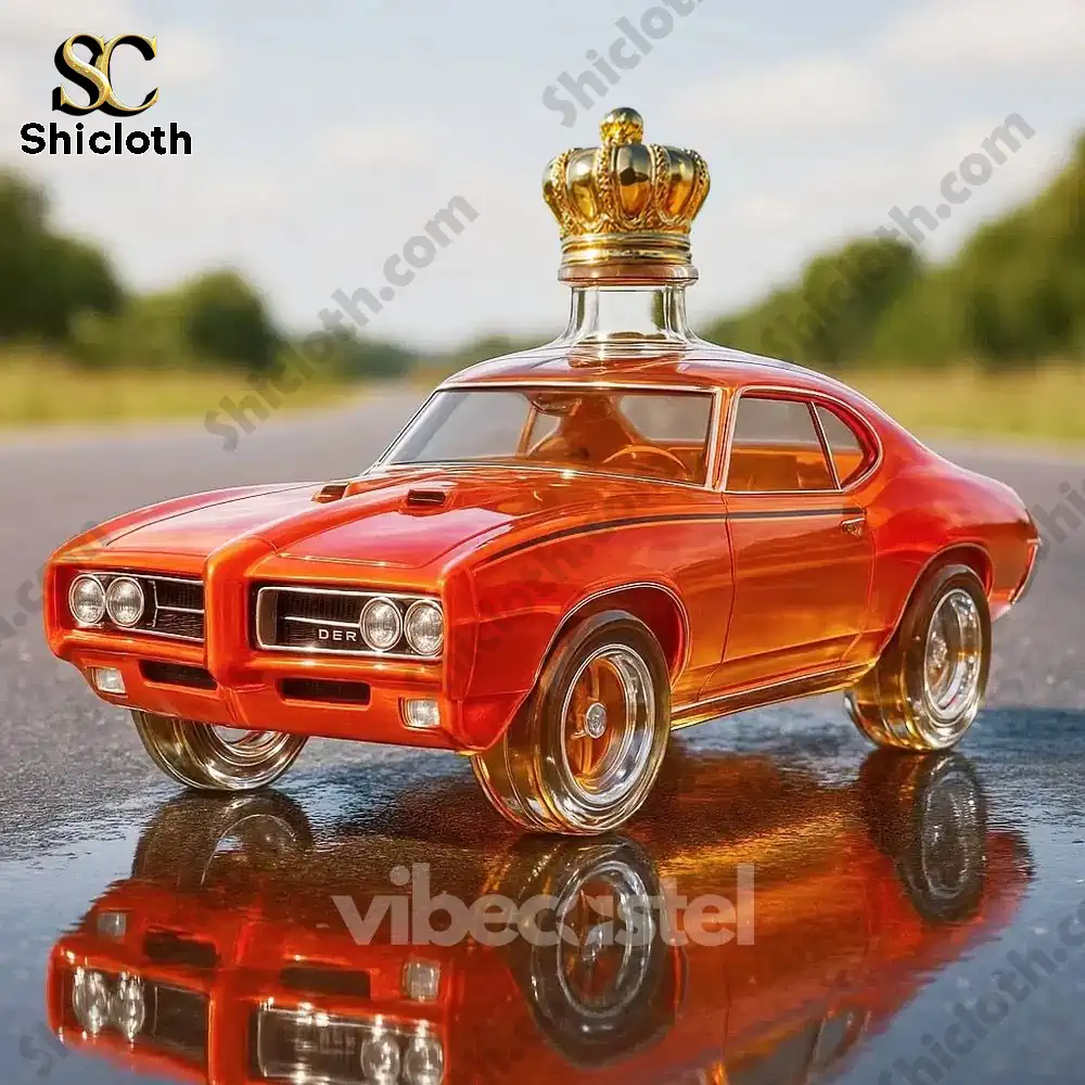 Orange muscle car shaped bottle with a golden crown cap displayed on a sunny road!