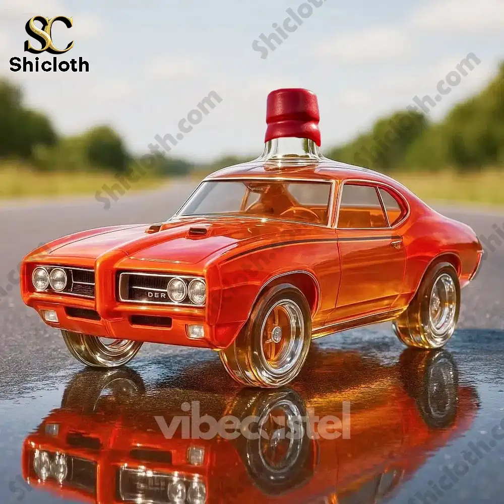 The Muscle Car Christmas Whiskey Bottle That Rules the Road 3 Orange muscle car shaped bottle with a red wax style cap on an empty road!