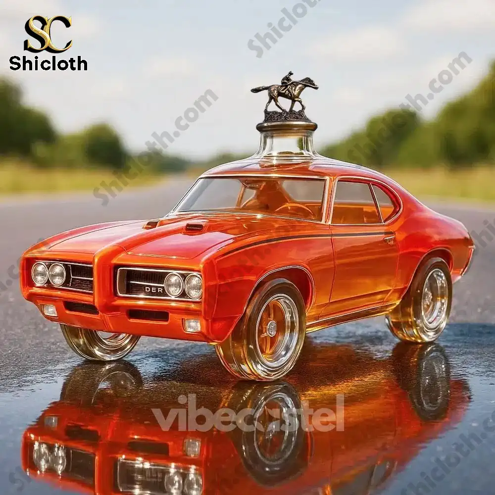 The Muscle Car Christmas Whiskey Bottle That Rules the Road 4 Orange muscle car shaped bottle with a horse and rider topper on a country road!