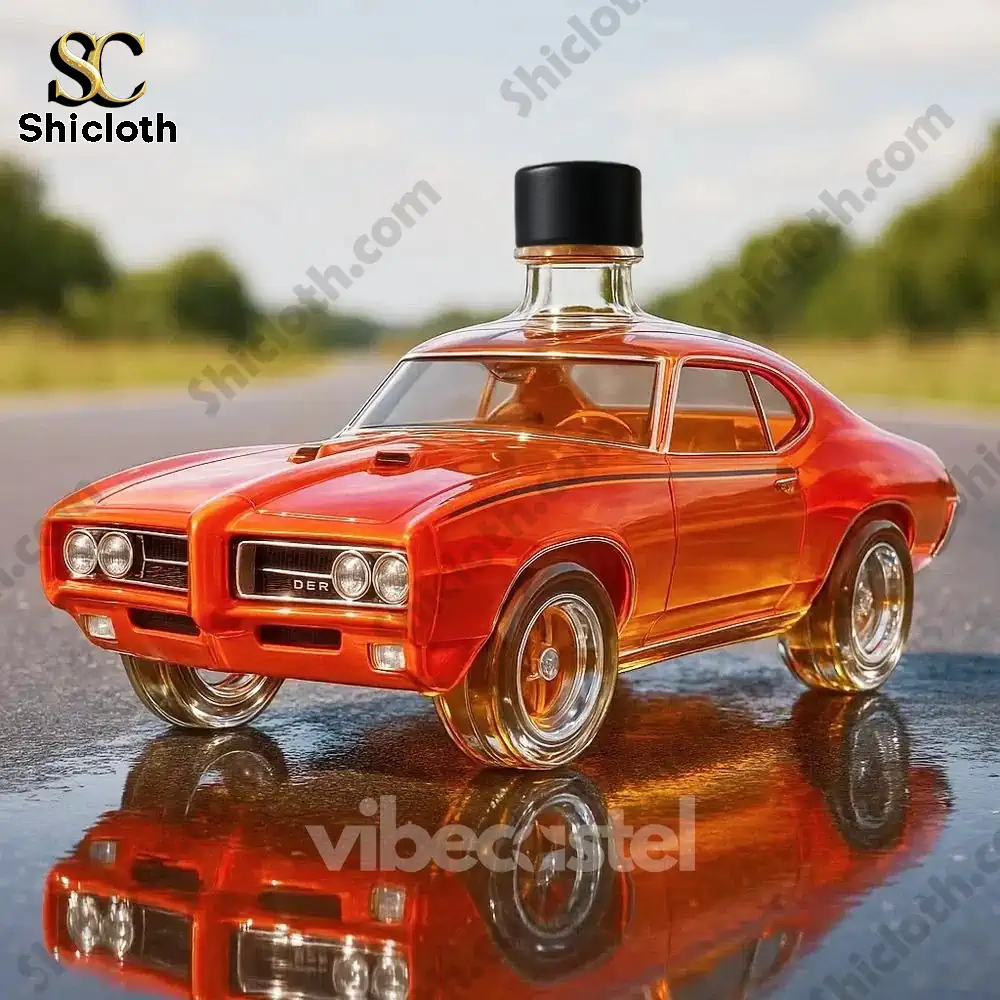 The Muscle Car Christmas Whiskey Bottle That Rules the Road 5 Orange muscle car shaped bottle with a simple black cap on a straight road!
