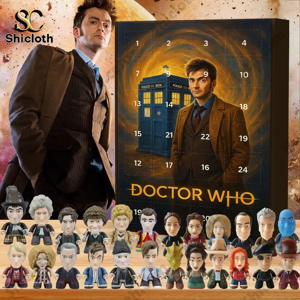 Close-up of a Doctor Who advent calendar with character mini figures displayed in front.