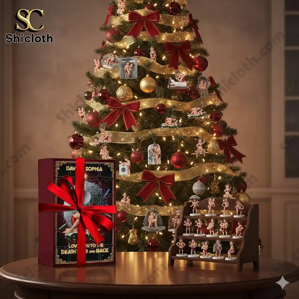 Christmas tree decorated with themed ornaments and a To the Stars and Back Advent calendar by Shicloth.