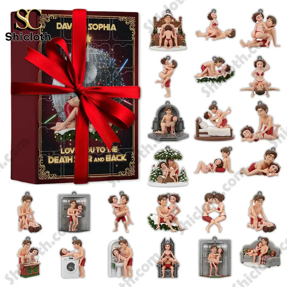 Close-up of miniature figurines and the To the Stars and Back Advent Calendar gift box by Shicloth.