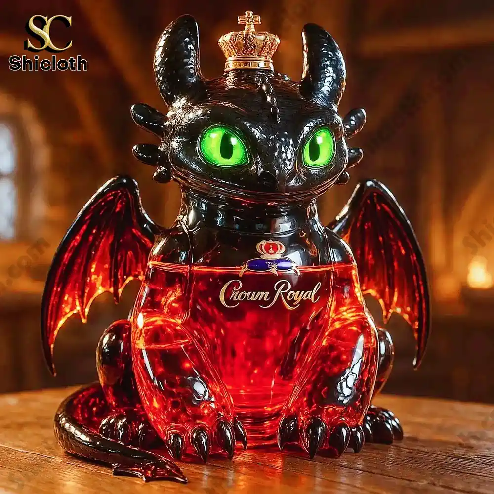 A dragon shaped Crown Royal bottle with bright green eyes on a wooden table.
